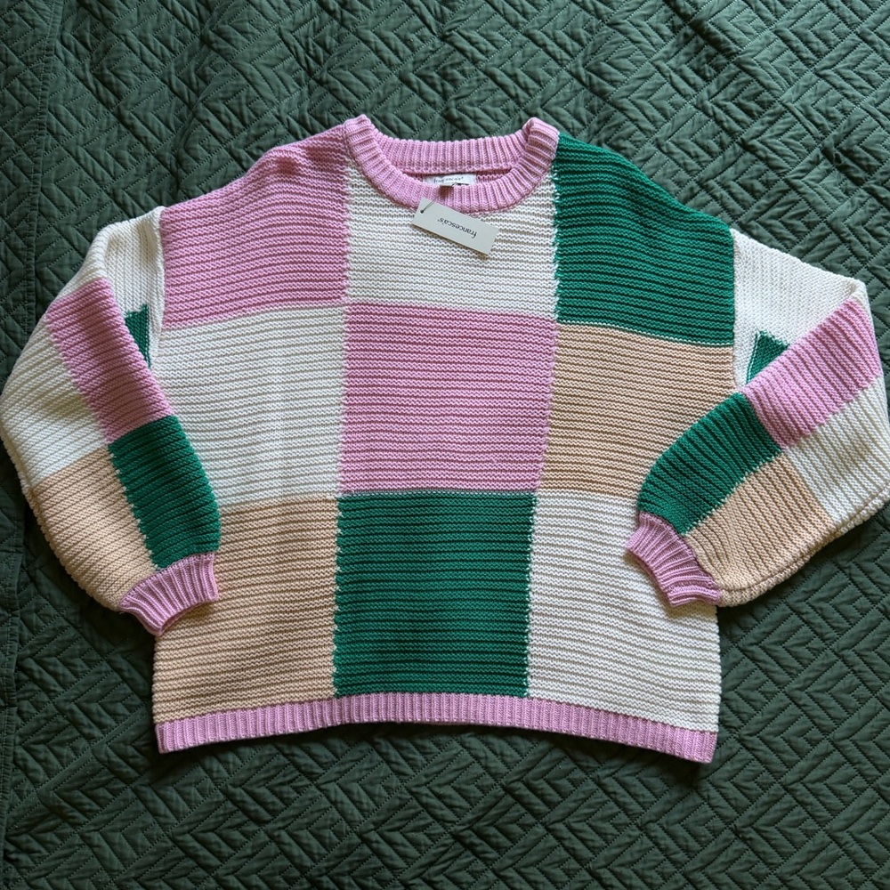 NWT Francesca’s Colorful Patchwork Checkerboard Sweater Size Medium
